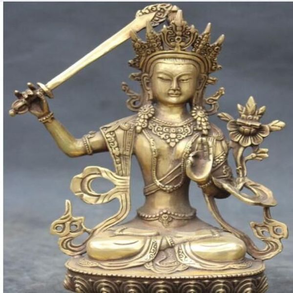 WBY---607 9 Budismo Chino Bronce Tallado Manjushri Buda Diosa Sostiene Espada Estatua 282Z