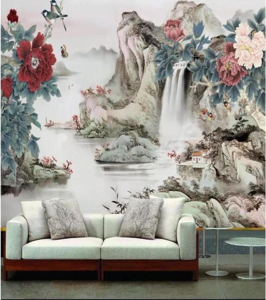 WDBHG personnalisé po mural 3d papier peint encre pivoine fleur peinture chinoise salon décor à la maison 3d peintures murales papier peint pour murs 1706977304