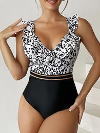 Wear 2023 leopardo feminino maiô de uma peça malha fita banho feminino vneck bodysuit banhistas banho terno esportes beachwear