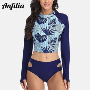 Draag Anfilia Dames Rash Guard Twee -delige zwempakken Floral Long Sleeve Swirts UPF 50+ Solid Bikini Bottom