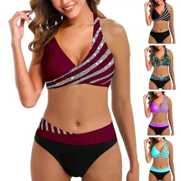 Porter plage Bikini ensemble 2 pièces/ensemble Chic contraste couleur séchage rapide surf femmes maillot de bain d'été vêtements de Sports nautiques