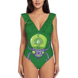 Portez un robot Brainbot avec un maillot de bain à volants pour femmes, monokini, vêtements de plage, maillots de bain, vecteur vert bulle violet Machine