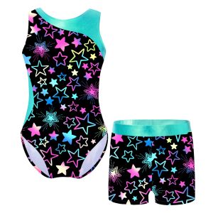 Draag kinderen Girls Gedrukte gymnastiek Leotard Ballet Dance Outfit 2 stuks Swimpak Swimsuit jumpsuit met shorts Skating Bodysuit