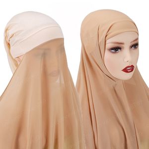 Use directamente una pieza conveniente Hijabs Color sólido mujeres musulmanas turbante interior bufanda de gasa chales capó traje todo en uno