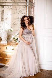 Porter des robes de soirée maternité incroyable profonde v cou illusion cristaux perlé empire taille tulle sexy dubaï robe de bal de fête formelle enceinte