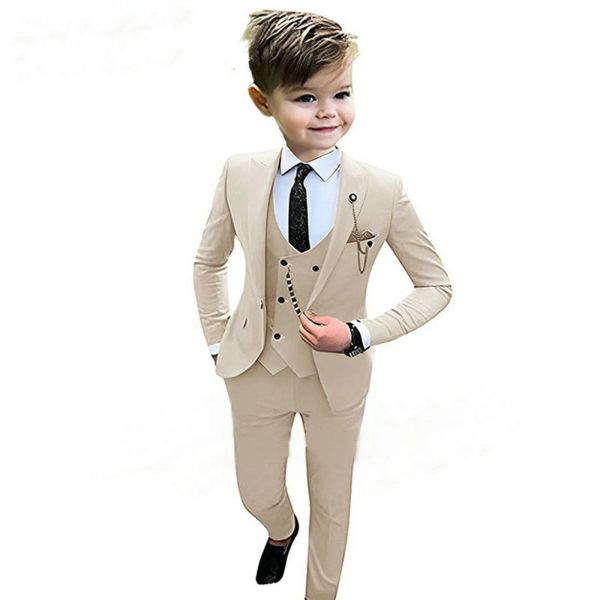 Use el traje formal de chicos beige beige 3 piezas de 3 piezas Boda de la chaqueta para niños de tubo pantalones chaleco de chaleco de chaleco personalizado