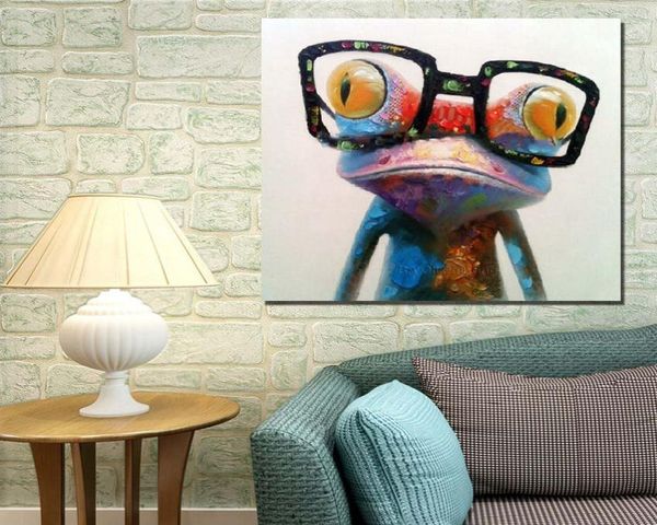 Porter des lunettes grenouille peinture à la main peinture à l'huile sur toile grandes peintures de dessin animé abstrait décoration murale JL3338674573