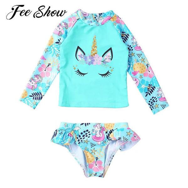 Porter des enfants filles brésilien 2pcs maillot de bain maillot de bain à manches longues dessin animé cheval imprimer hauts slips bikinis ensemble maillots de bain maillots de bain