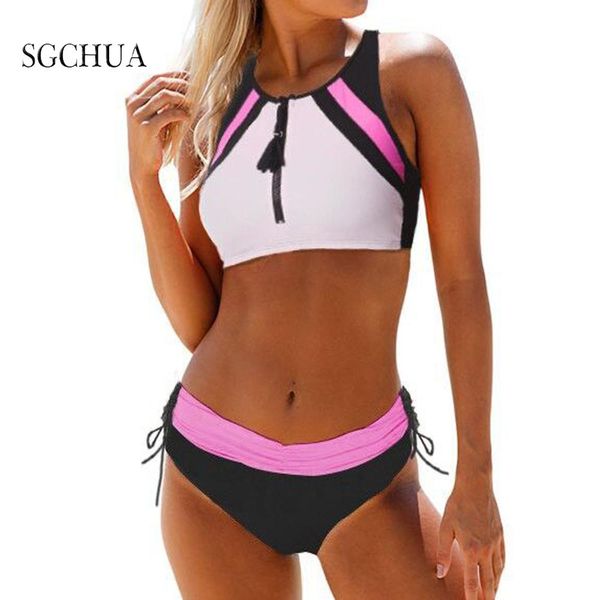 Portez le haut M3xl Big Bikini Zipper Patchwork Top avec short en deux pièces de maillot de bain High Neck Sport Bikini Push Up Swimwear Bathing Full 2021