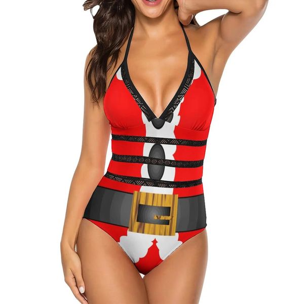 Use Feliz Navidad Lindo Papá Noel Mujeres Impreso Traje de baño de una pieza Traje de baño sin espalda sexy Cuello en V Ropa de playa de verano Santa vintage