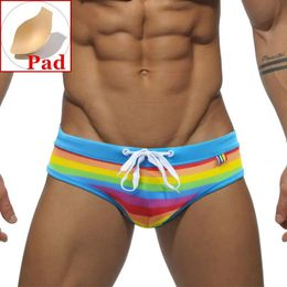 Pusser Push Up Mens Swim Sweet Rainbow Stripe Swimwear Bikini Swimming Trunks For Man Sexy Swimsuit Beach Shorts Desmiit