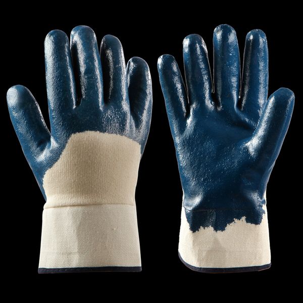 Guantes azules de franela resistentes al desgaste, guantes protectores de caucho de nitrilo, venta al por mayor, guantes protectores de corte de ingeniería