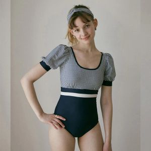 Portez sexy un morceau de maillot de bain à manches courtes Lady 2022 Monokini Plaid Swimwear Women Swimsuit Bath Suid Koren Style