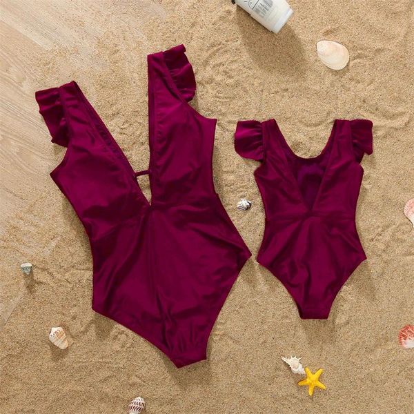 Porter Vneck Mère Fille Bikini Maillots De Bain Ensemble Familial À Volants Maman et Moi Maillots De Bain Assortis Maman Bébé Femmes Filles Vêtements De Plage