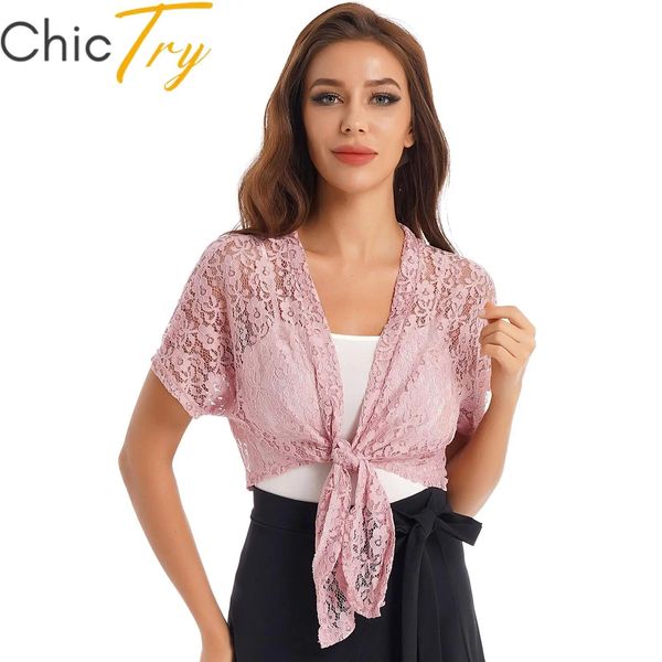 Cárdigan de encaje para mujer, chaqueta Bolero, Top corto con cordones de manga corta para fiesta de boda, encogimiento de hombros, ropa de playa, traje de baño