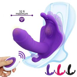 Draagbare dildo vibrator G-spot clitorisstimulator Vlinder vibrerend slipje Erotisch speelgoed Volwassen speelgoed voor vrouwen Orgasme Masturbator 240311