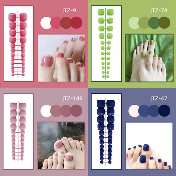 Uñas postizas usables de pies, uñas postizas de moda para niñas, 24 piezas, puntas de color brillante con pegatina de gelatina