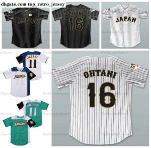 Draagt vintage heren shohei ohtani 16 Japan samurai pinstriped honkbal jerseys wit zwart #11 Hokkaido Nippon Ham Fighters genaaid Jers