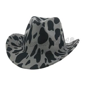 Weatern Cowboy Chapeau Western Cowboy Cowgril Panama Large Bord Vache Motif Jazz À La Mode Casual Fedoras Feutre Femmes Cap Casquette