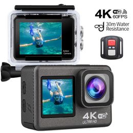 Weerbestendige camera's 4K60FPS WiFi Action Camera Dual Screen 170 ° groothoek 30m waterdichte sporten met afstandsbediening Montage Accessoires Kit 230816