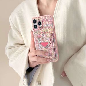 Tisser les caisses de cartes de téléphones portables pochets pour Apple iPhone 15 plus 13 12 11 Pro Max XR XS Designer Luxury Chromé Bouton Fine Couture Back Covers Fundas Pink