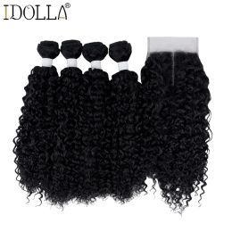 Tisser les cheveux synthétiques tisser 16 pouces 5 pièces / lot Afro Poules de cheveux bouclés copiants avec fermeture cheveux synthétiques pour femme noire