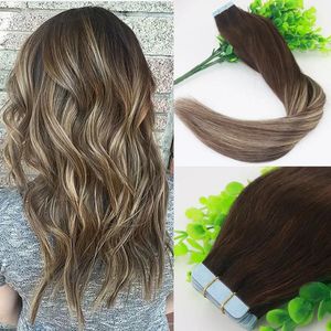 Weeft Gekleurd #3#24 Blond Hoogtepunt Ombre Balayage Braziliaanse Maagd Haarextensions 40 stuks Tape in Human Hair Extensions Huidinslagnaad