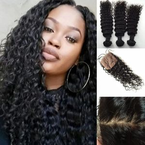 Weeft Zijde Sluiting 4*4 Met 3 stks Bundels Volledige Hoofd 7A Russische Braziliaanse Maleisische Peruaanse Indiase Virgin Hair Extensions Met Sluiting