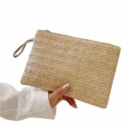 Sac de tissage Fi Dames Bracelet Embrayage Femmes Quotidien Mey Phe Embrayage Solide Paille Tissé Porte-Monnaie Plage Portefeuille Titulaire de la Carte h0gk #