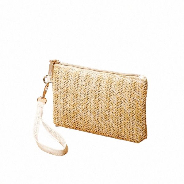 Sac de tissage Fi dames bracelet d'embrayage femmes quotidien Mey Phe embrayage solide paille tissé porte-monnaie plage portefeuille carte sac d2S9 #