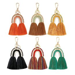 Tissage arc-en-ciel porte-clés anneaux femmes Boho à la main gland pendentif voiture porte-clés porte-clés cadeaux macramé sac breloque mode porte-clés bijoux accessoires