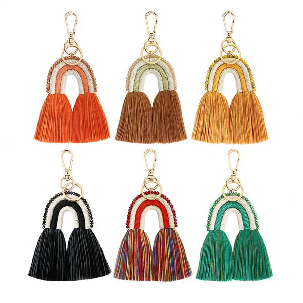 Tissage arc-en-ciel porte-clés anneaux femmes Boho à la main gland pendentif voiture porte-clés porte-clés cadeaux macramé sac breloque mode porte-clés bijoux accessoires livraison directe