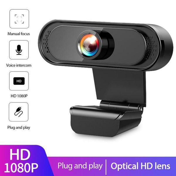 WebCams 1080p Full HD Webcam Computer PC Cámara web con cámaras de micrófono rotativo para transmisión en vivo Class de videos Conferencias PC Gamer Cam