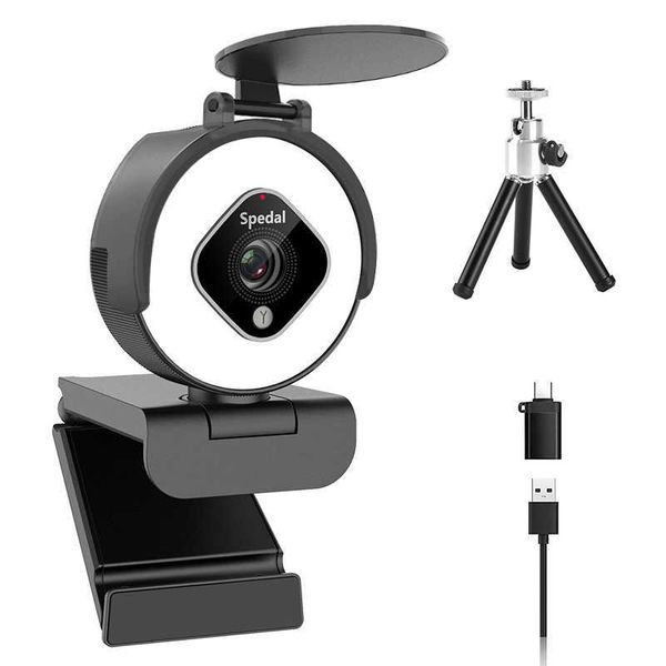 Webcams Webcam 1080P avec caméra Web Ring Light avec couverture de confidentialité pour microphone incluse pour