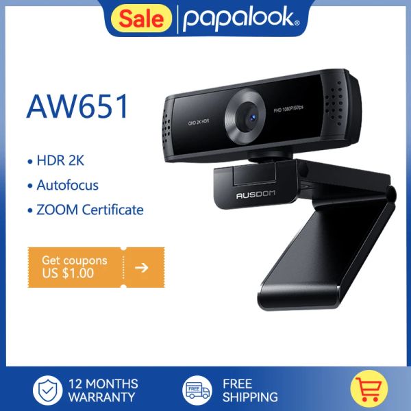 Webcams Ausdom AW651 HDR 2K webcam Business Computer Autofocus Camera 1080p 60FP