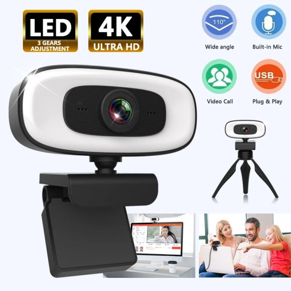 Webcams High Definition 4K Camera réseau avec une interface USB de lumière et de microphone, adapté aux ordinateurs portables vidéo sur site