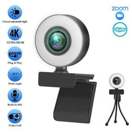 Webcams Nouvelle caméra réseau 4K Caméra de réseau HD complet 2k avec un microphone LED FILL LEAT USB CAME CAME ROTABLE APPROST pour PC et ordinateur portable J240518