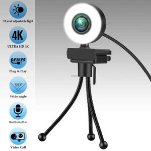 Webcams Nieuwe 4K Webcam 2K Full HD Webcamera Met Microfoon LED Invullicht USB Webcam Draaibaar Voor PC Computer Laptop voor YoutubeL240105