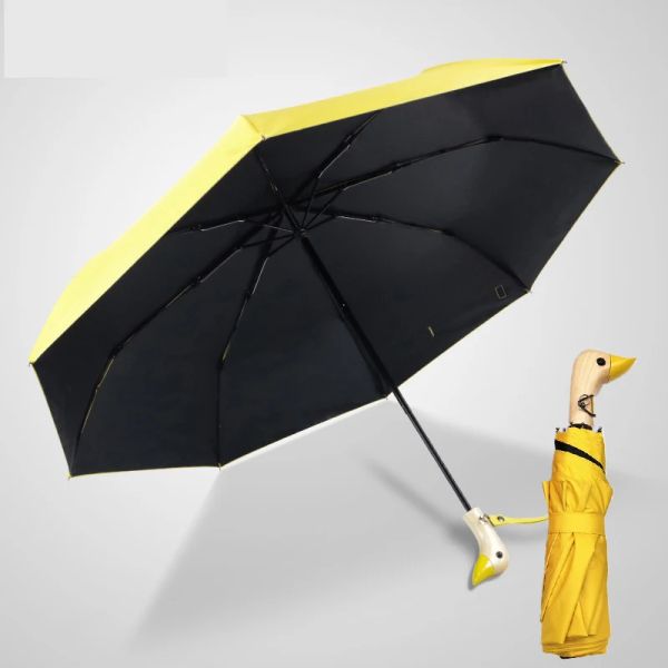 Webcams Parapluie semi-automatique Tête de canard mignonne Poignée en bois 8K 2 Pliant Coupe-vent Revêtement noir Protection UV Femmes Parapluies de pluie