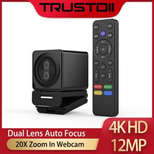 Webcams Taida 12MP 4K webcam 30fps60fps double objectif USB web cam avec microphone focus live stream caméra 20x zoom pour youtube