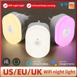 Webcams wifi tuya Smart Led Night Light Pir Motion Sensor Licht EU US UK PLUG WANDELLIMER WIT WIT RGB Room App stem voor Alexa Googl