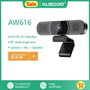 Webcams Wereldpremière Ausdom AW616 Allinone 2K Webcam met AI Microfoon Luidspreker Privacy Cover USB Computer Camera voor conferenties