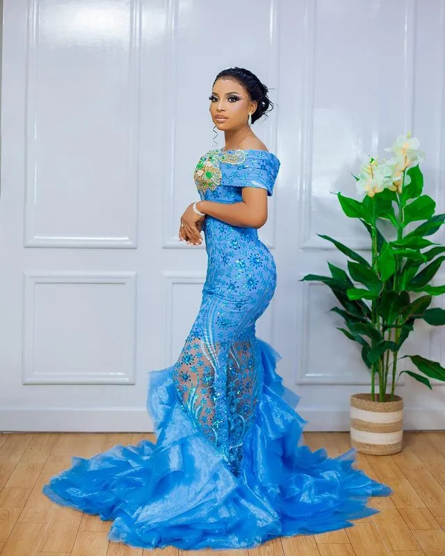 Blue Lace Mermaid prom gowns near me with Beaded Crystals for Plus