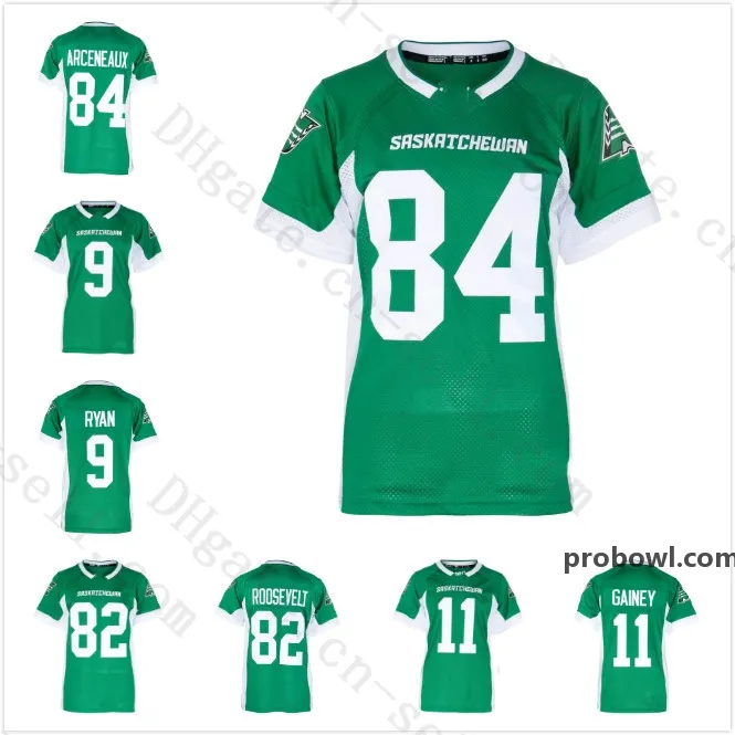 2019 Personalize Verde Saskatchewan Roughriders Camisas de futebol personalizadas Homens Mulheres Juventude Ed 84 Arceneaux 9 Ryan 82 Roosevelt 11 Gainey