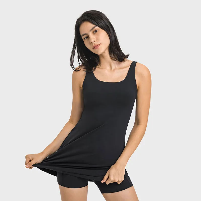 L-200 Sweat-wicking Breathable Tennis Skirt Yoga Clothes High Elastic Sports Dress with Removable Cups Soft Slim Fit Skirts Outdoor Casual Dresses