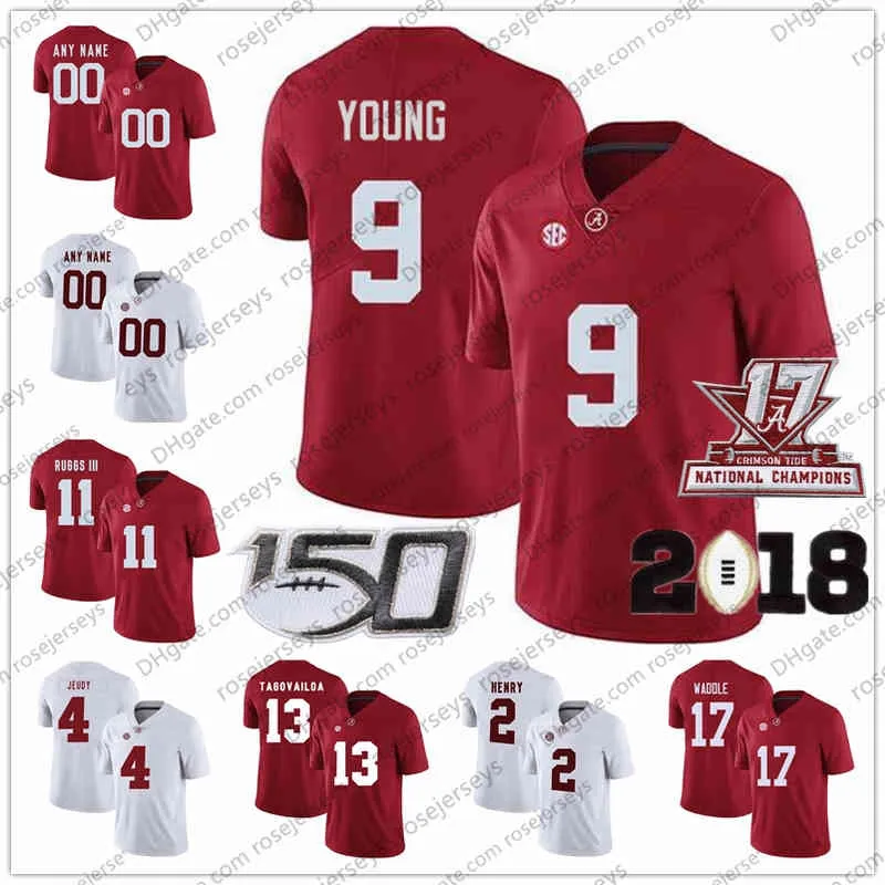 Custom 2020 Alabama Crimson Tide Football 9 Bryce Young 13 Tua Tagovailoa 22 Najee Harris 26 Trey Sanders Men Młodzież 150. koszulka mistrzów