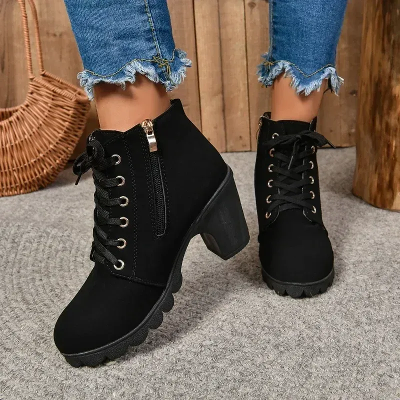 Zapatos Botines Para Mujer Botas De Caña De Talla Grande Para Mujer Botas De Comercio Exterior Para Mujer Botas De Cuero Con Cordones Y Parte Inferior Plana Para Mujer Otoño E Invierno