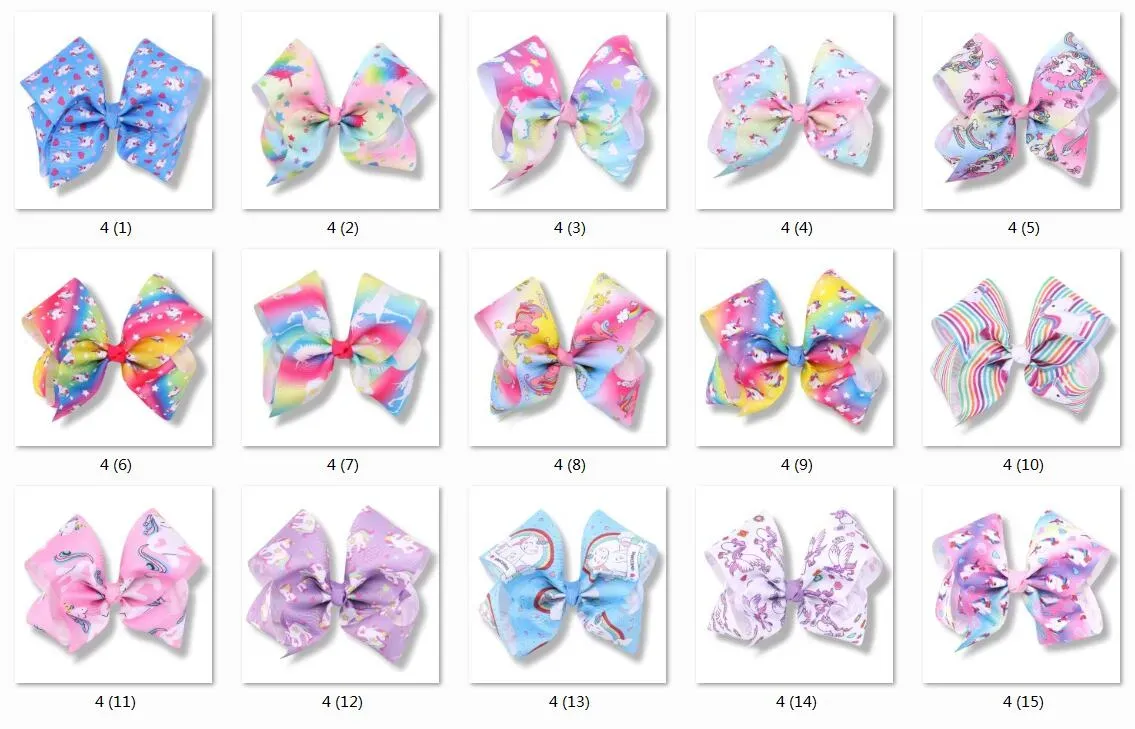 10pcs 여자 Jojo Unicorn 8 인치 헤어 활 악어 클립 큰 페인트 사랑 Ombre Rainbow Bow Knot Hairpins 헤드웨어 Bobbles 액세서리 bj