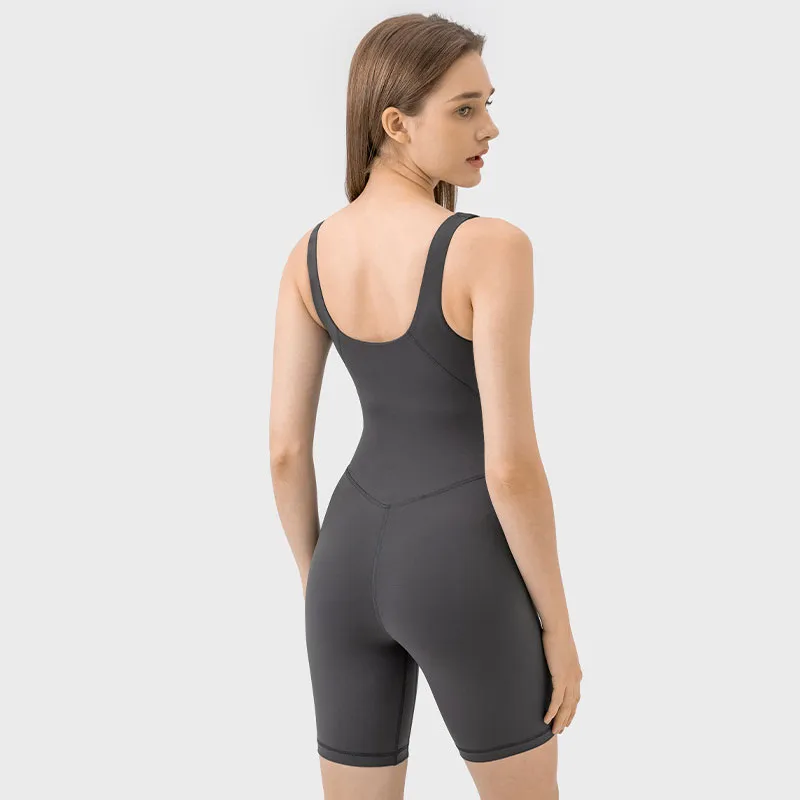 L-086 Light Support V Neck Bodysuit Yoga Pilates Jumpsuit Tight Fit One-piece Suit U Back Women Unitard with Removable Cups