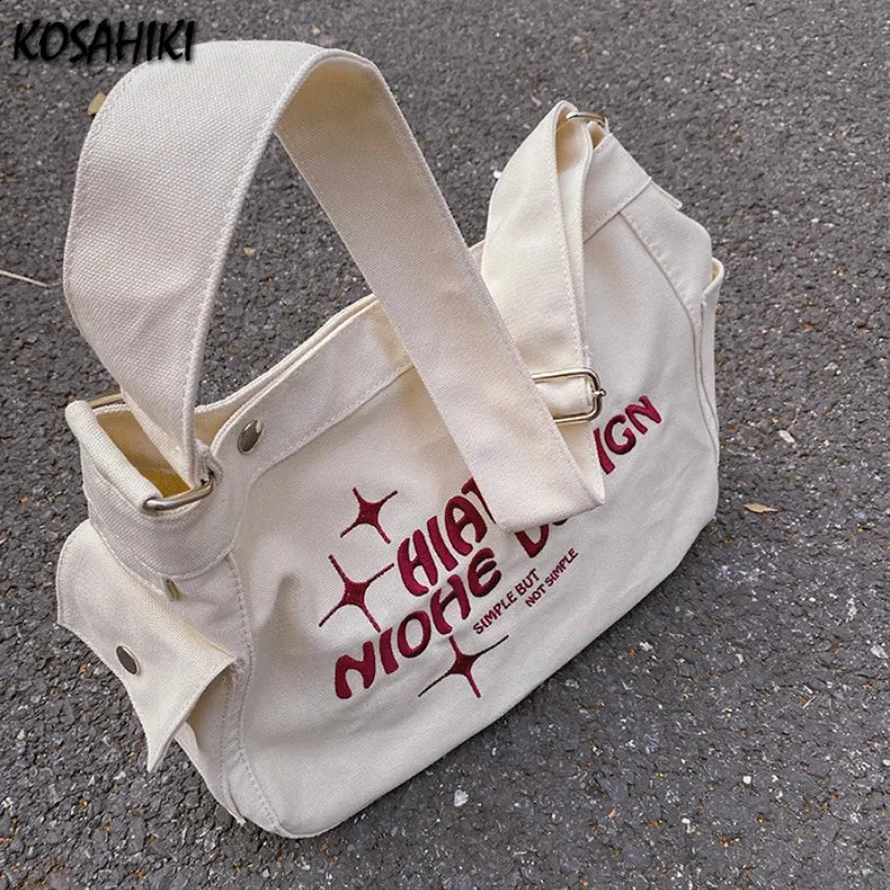Canvas Vintage Y2K Shoulder Bag - Preppy Grunge Tote with